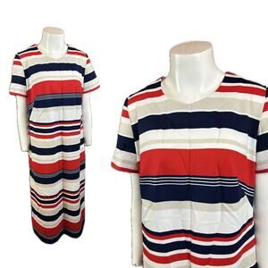 Vintage 1960s Red Stripe Shift Dress Short Sleeve / Women’s large *
